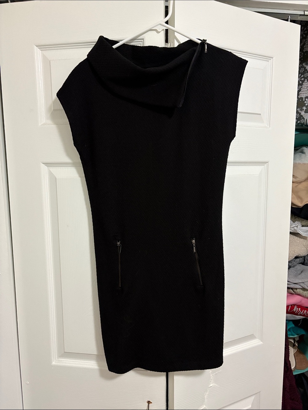 Black Sleeveless Cowl-Neck Mini Dress with Zip Pockets
